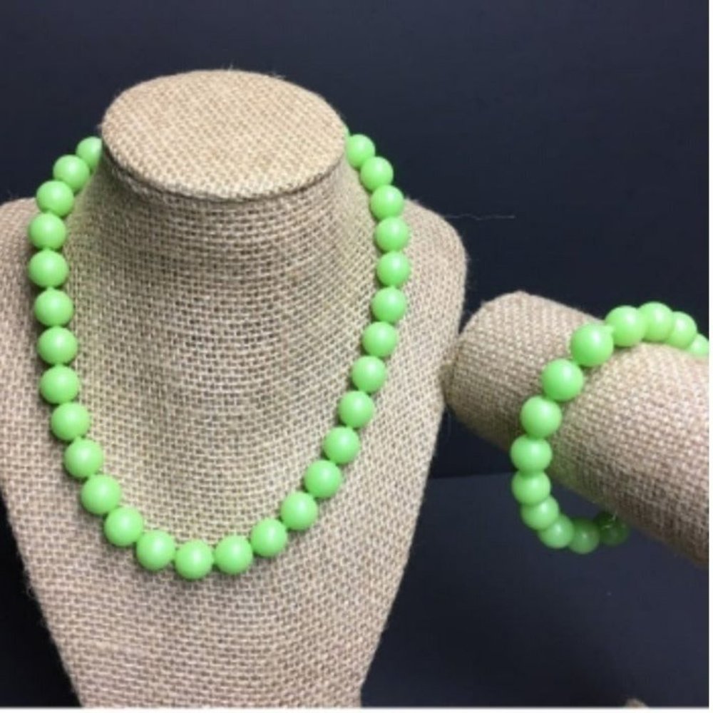 VTG Pop Bead Necklace Bracelet Light Green Round Adjustable Retro